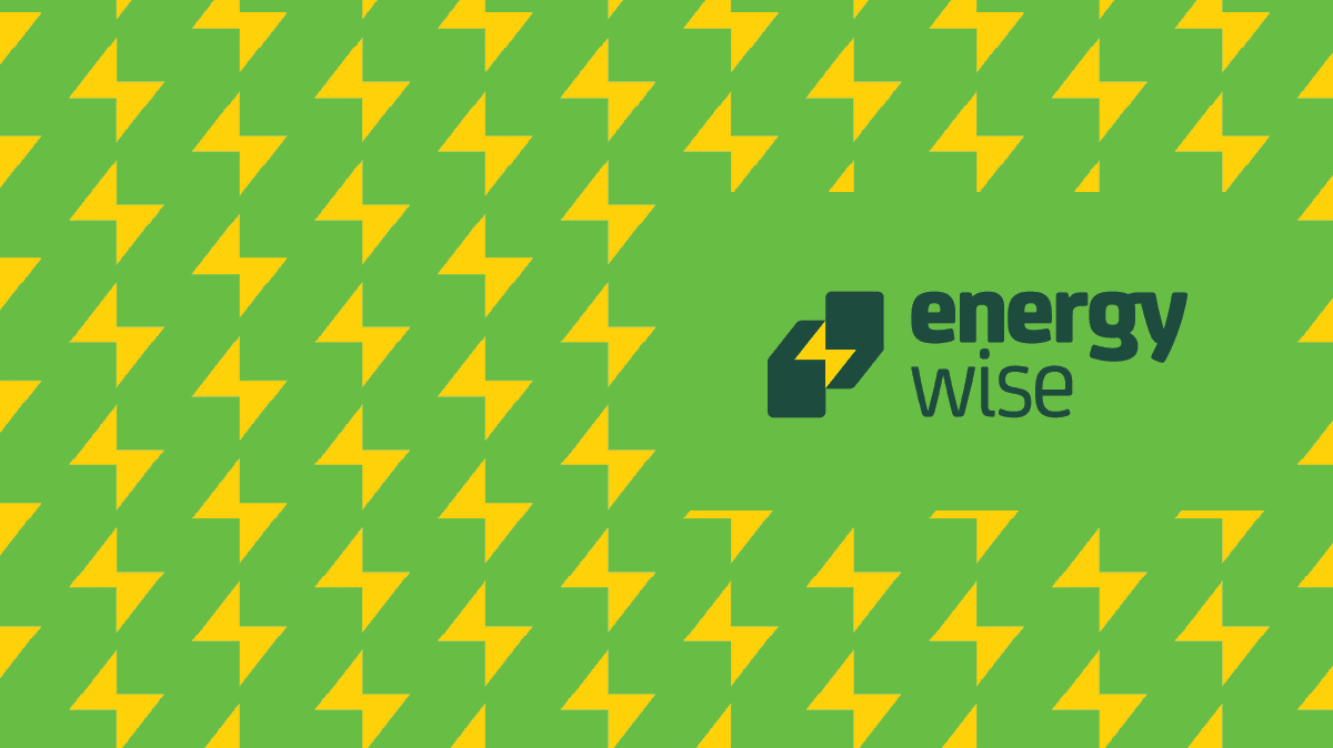 Energywise background - green background with a tiles yellow lightning bolt pattern, with the Energywise logo positioned centre-right