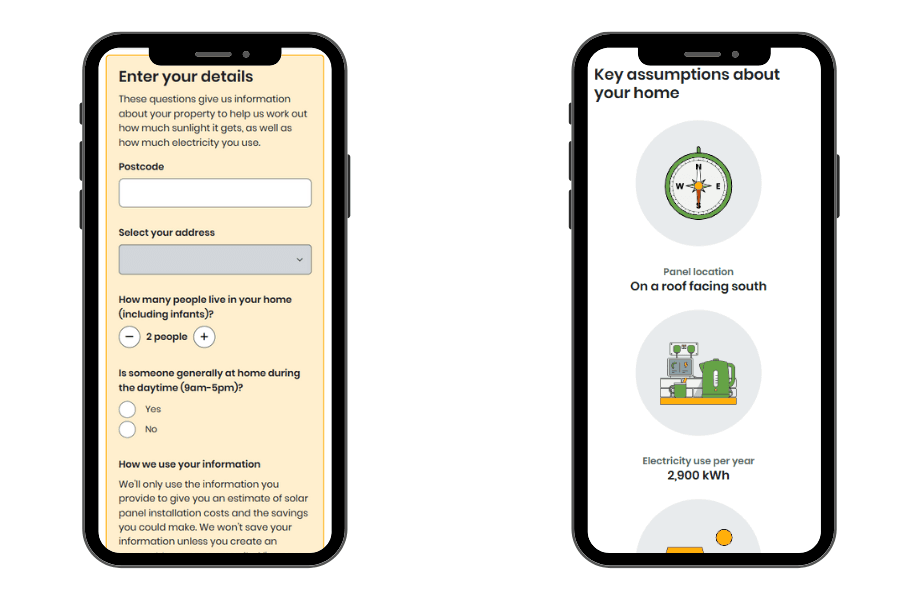 Screenshots of the solar panel calculator showing how the tool looks on a mobile device.